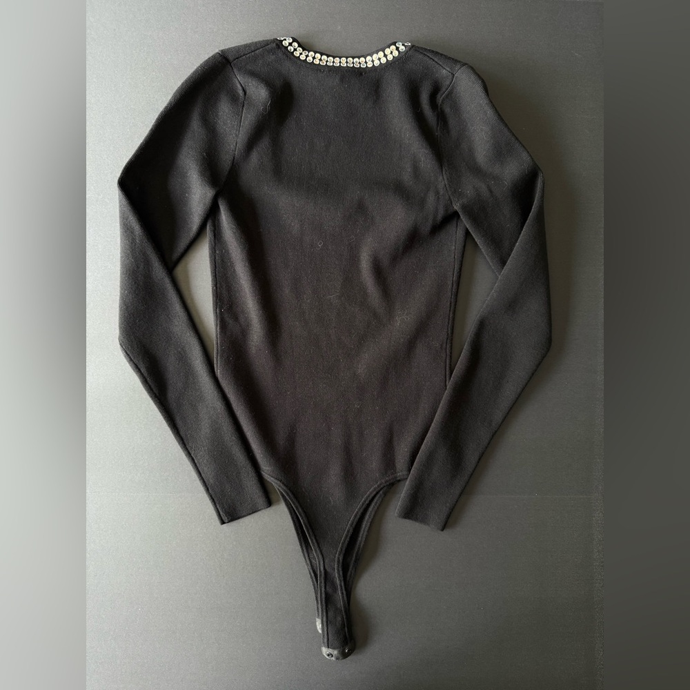 Aqua Black Ribbed Bodysuit Women’s Small | Rhinestone Neckline - Picture 9 of 9